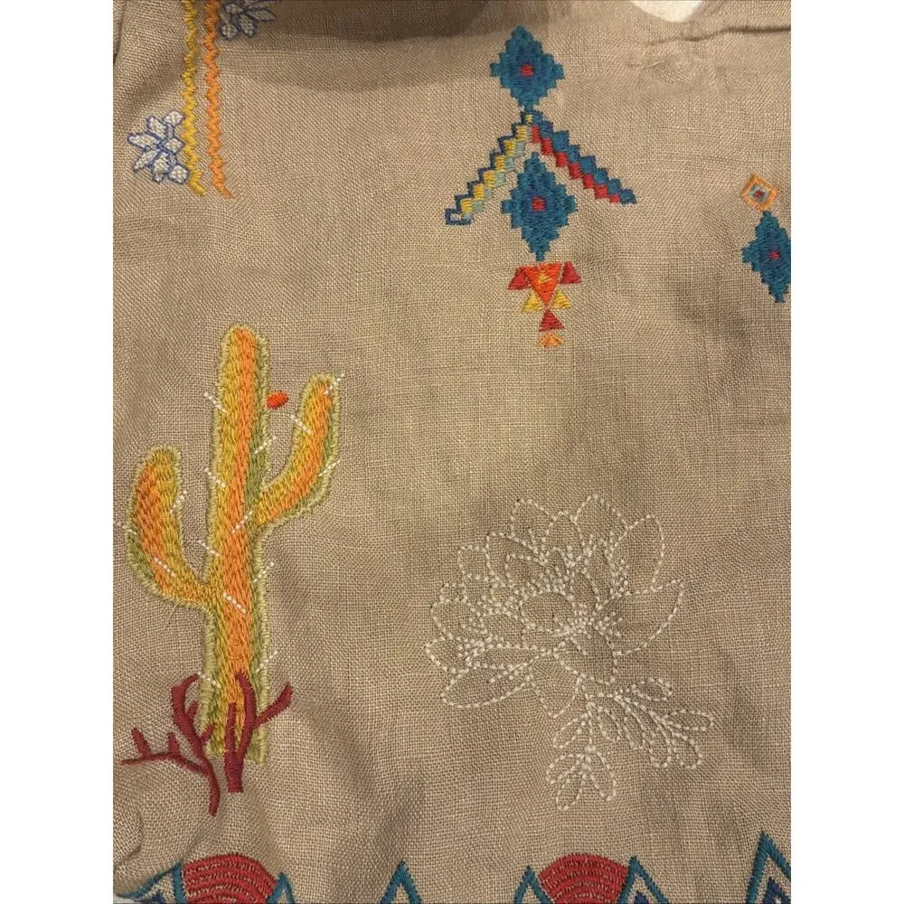 Johnny Was Los Angeles Hobo Bag Purse Linen Aztec Southwest Tie Knot SAGUARO Tan